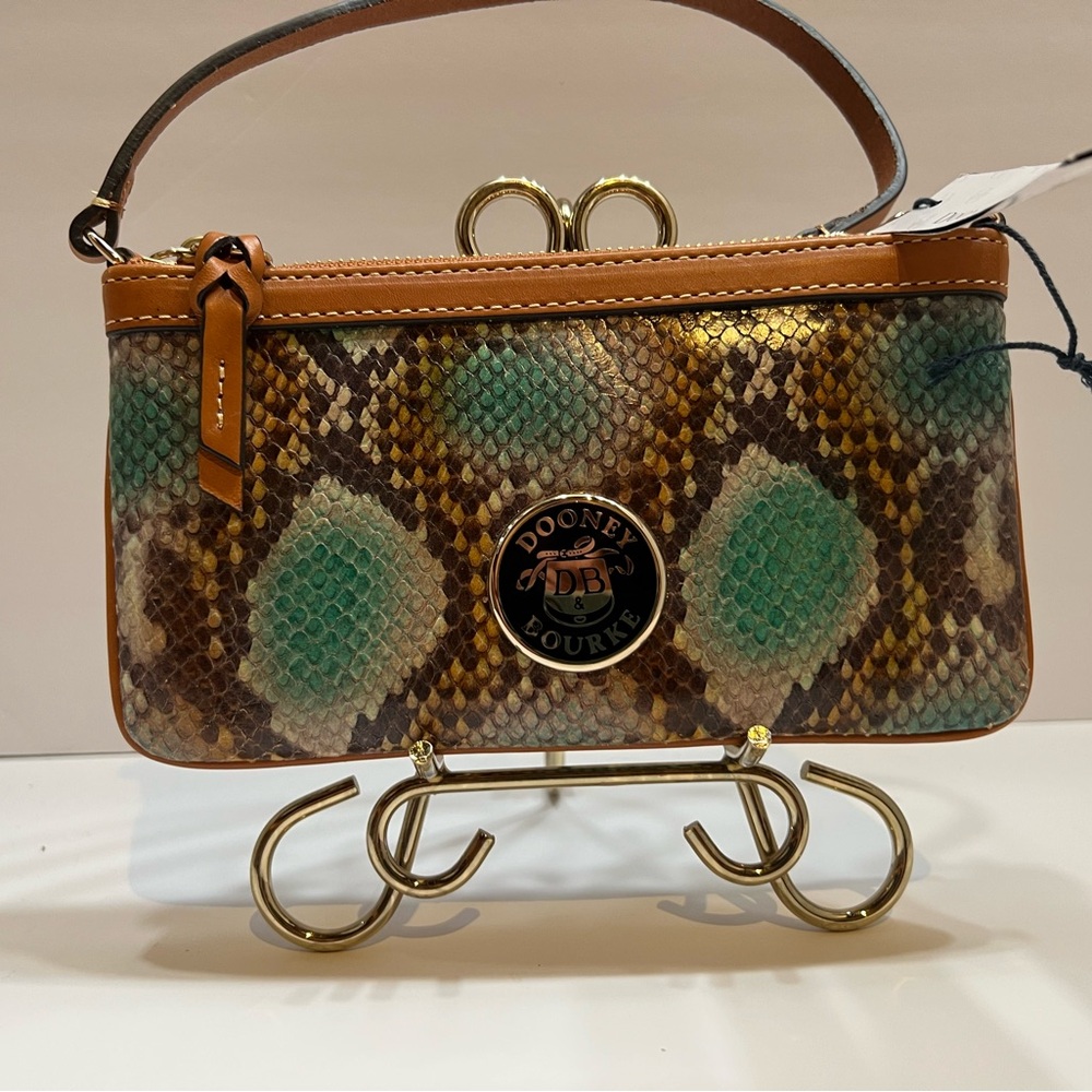 Dooney & Bourke Tan and Green Snake Print Clutch - Picture 1 of 13